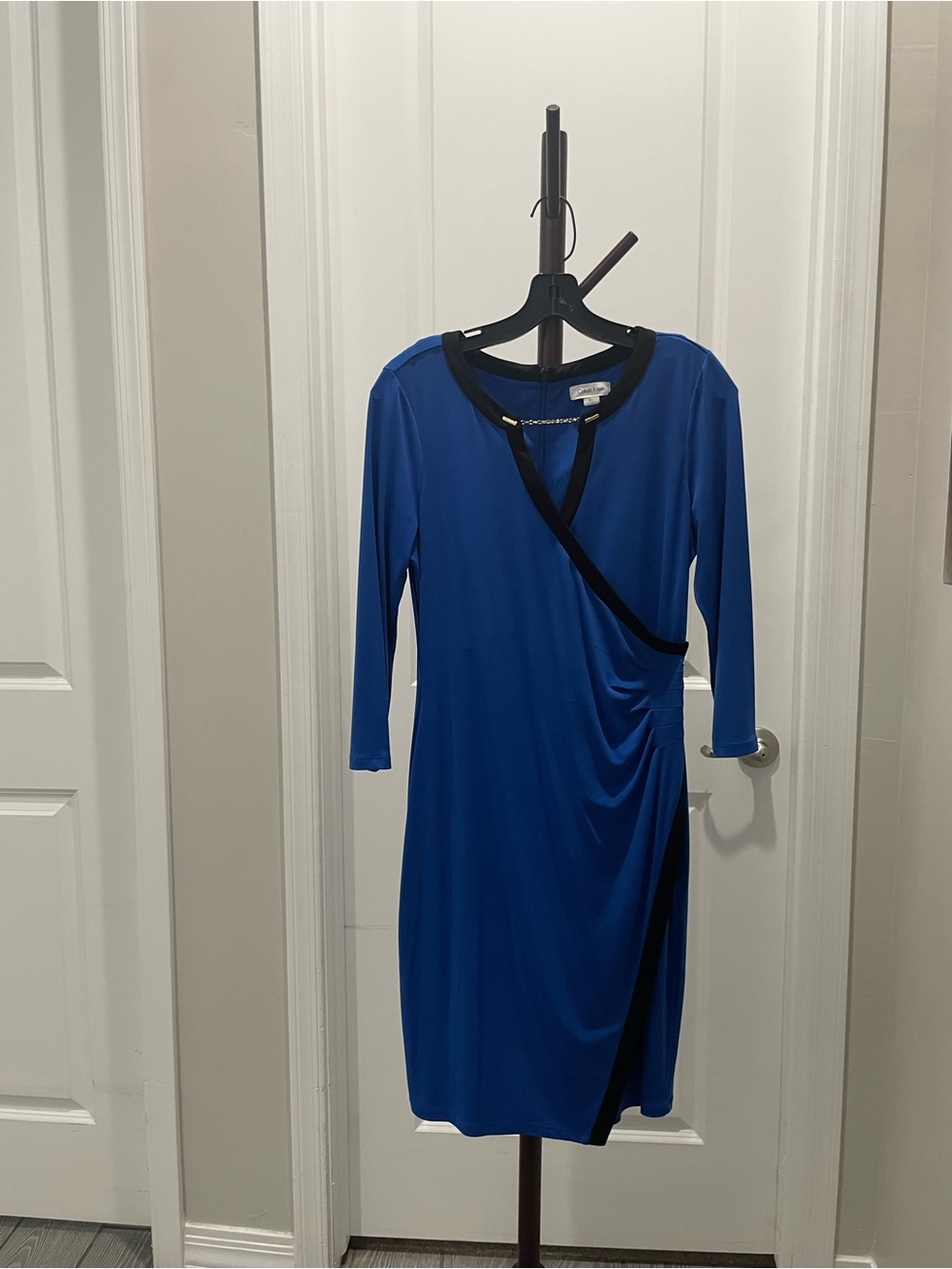Calvin Klein Royal Blue Wrap-Style Sheath Dress with Black Trim